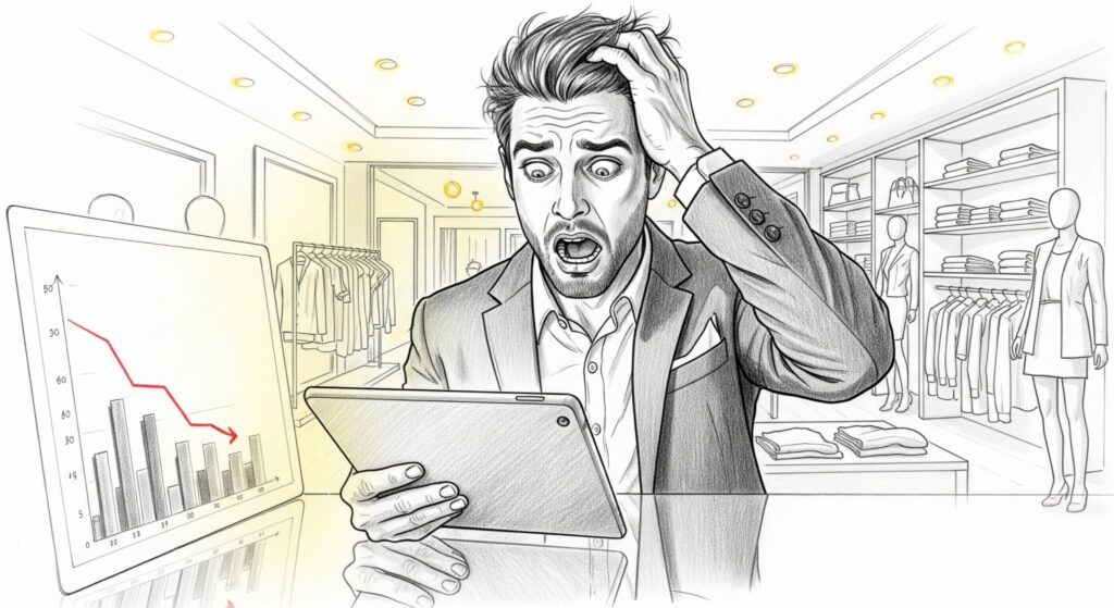 A distressed fashion brand founder looking at declining sales charts on a tablet, symbolizing the initial challenges of the case study.